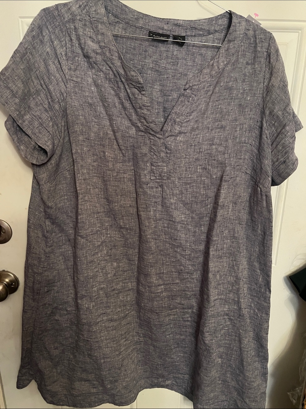 Tahari Blue Linen-Blend V-Neck Tunic Dress
